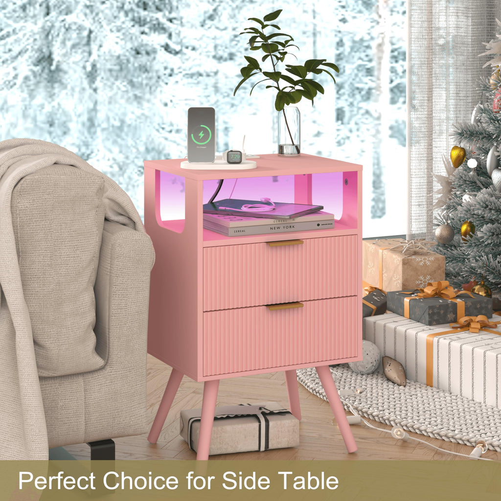 Pink Nightstand with Charging Station and LED Lights Y927