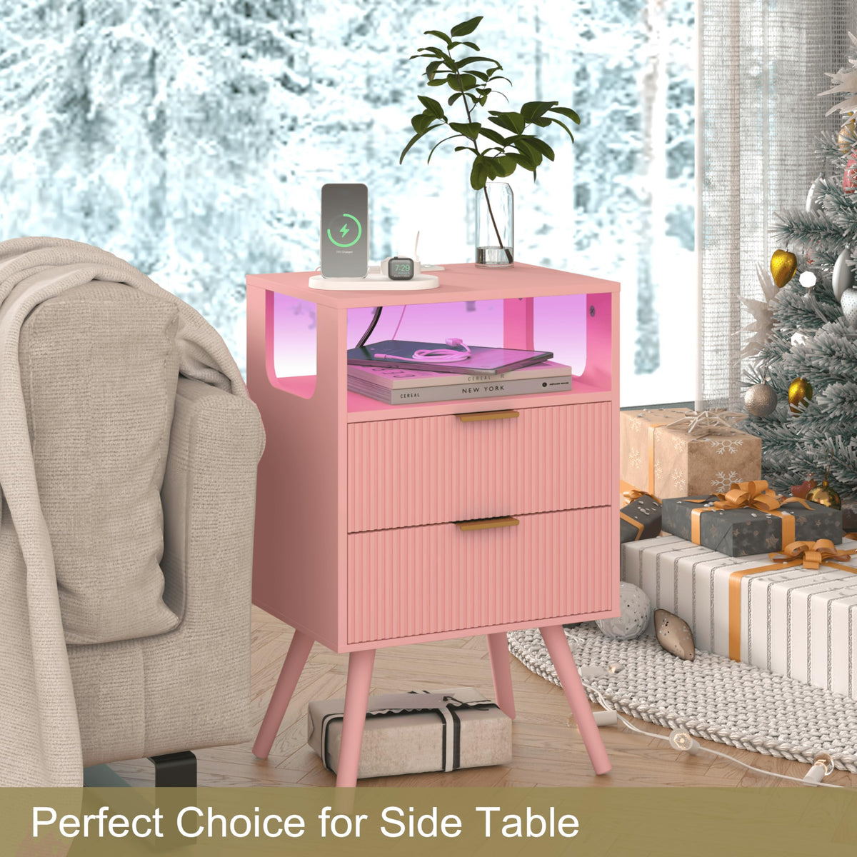 Pink Nightstand with Charging Station and LED Lights Y927