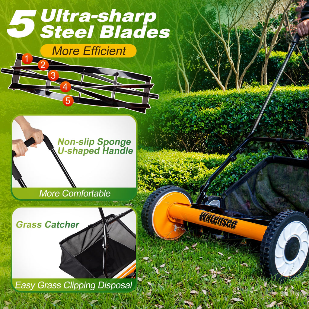 20-Inch 5-Blade Manual Reel Lawn Mower with Grass Catcher H13846