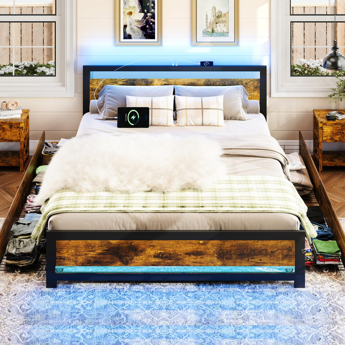 King Size Wood Bed Frame with 4 Storage Drawers A8580